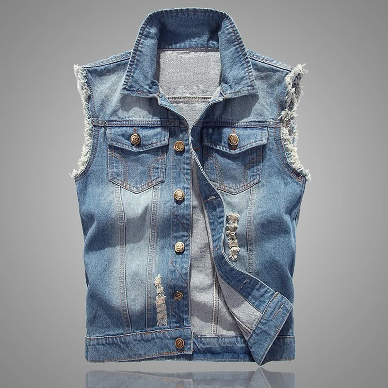 Men's Summer Denim Vest Sleeveless Jackets Washing Cotton Casual Vest Male Fashion Holes Motorcycle Waistcoat Chaleco Hombre - Image 3