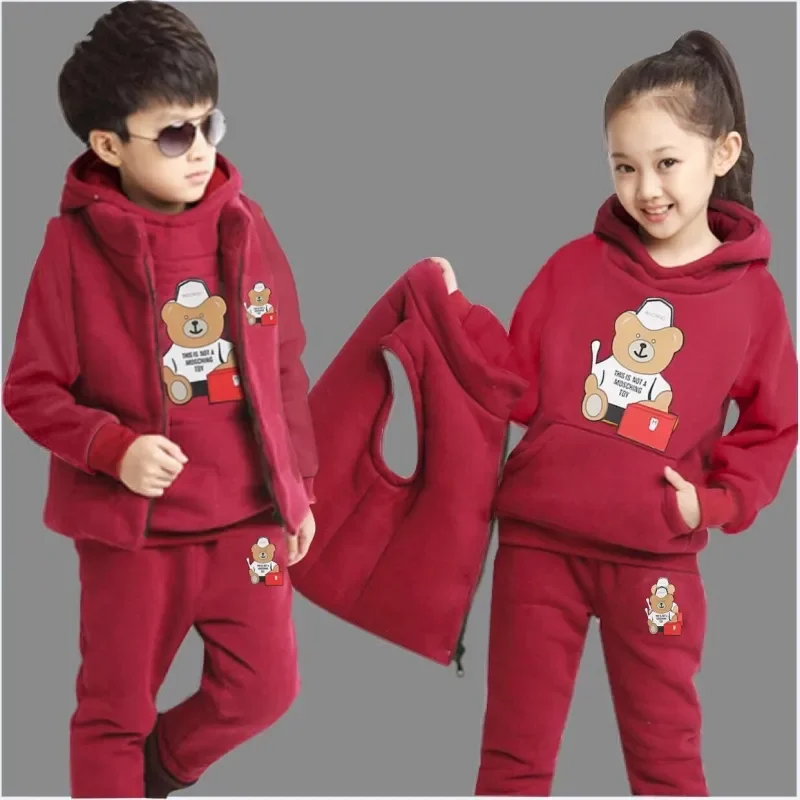 Boy Girls Fall Winter Thick Warm Clothing Set 3 Pcs Sweatshirt +Pants+Vest Cartoon Outfits Children Tracksuit School Uniform - Image 3