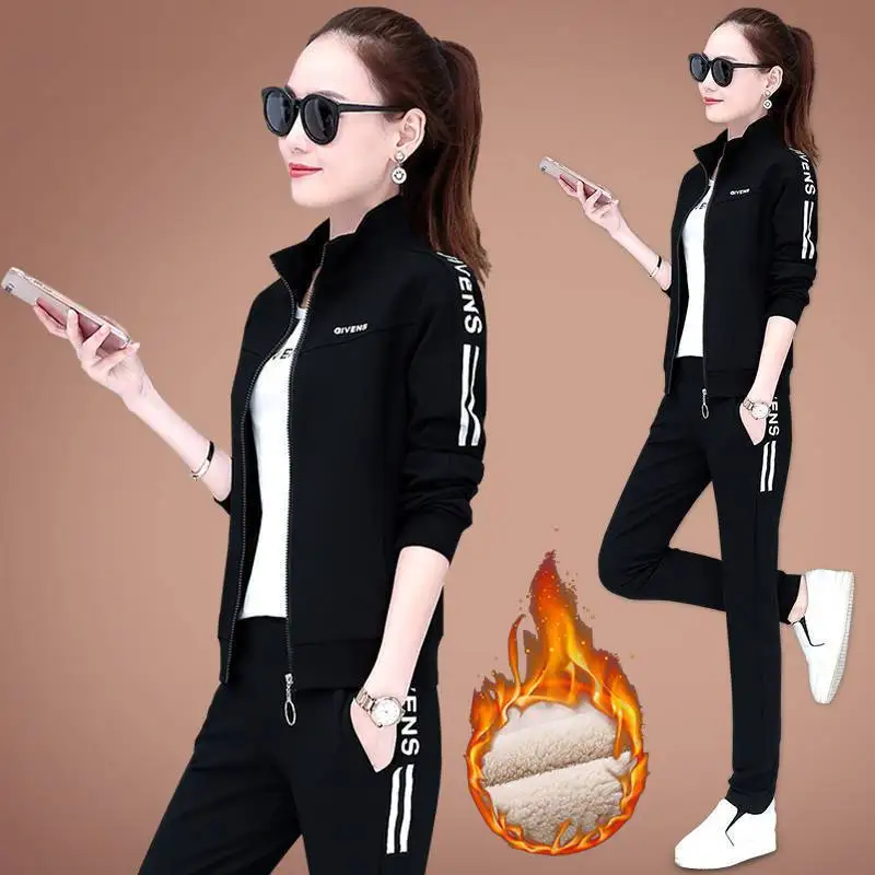 Thickened Lamb Fleece Hoodie Jacket Casual Wide Leg Pants Two Piece Elegant Women's Pants Set Student Winter Outfits - Image 6